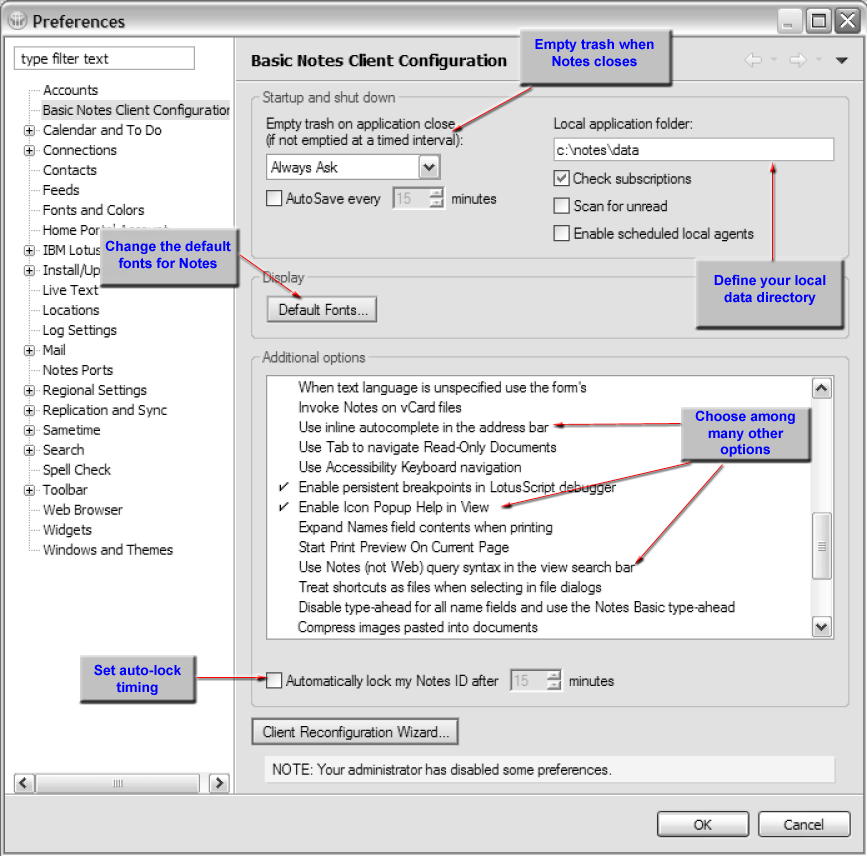 Notes Basic Preferences dialog